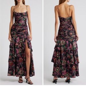 Hutch Tisha Black Floral Tiered Ruched Maxi Dress Size 2 NWT